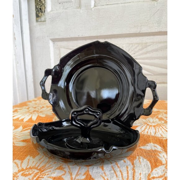 Vintage MCM Black Glass Set Handled Dish and Relish Plate - Picture 11 of 13